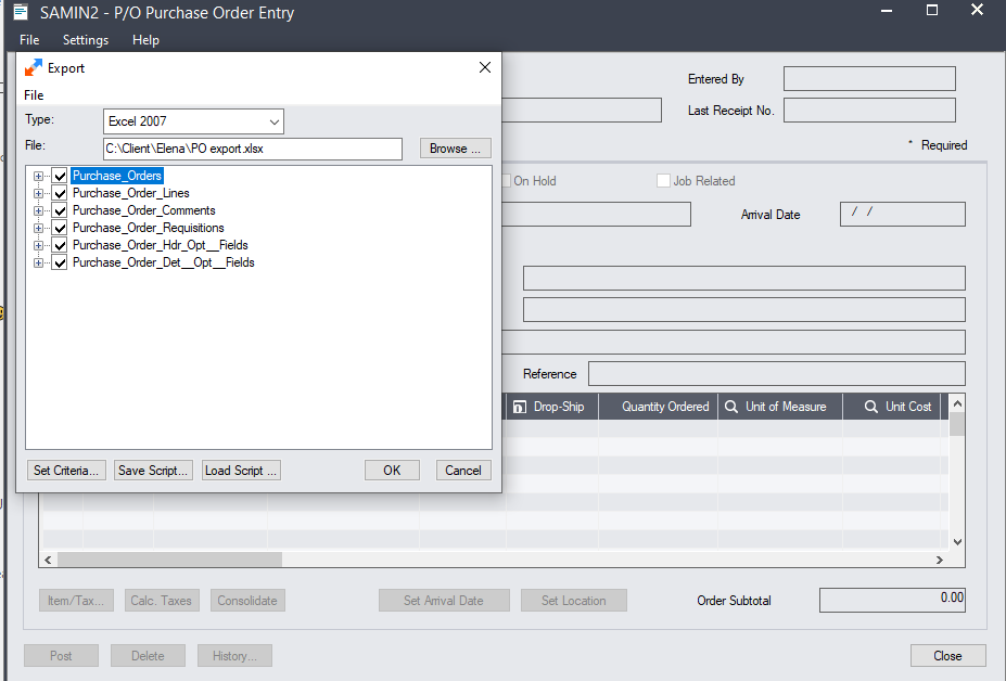 Sage 300 Purchase Order Import Screen