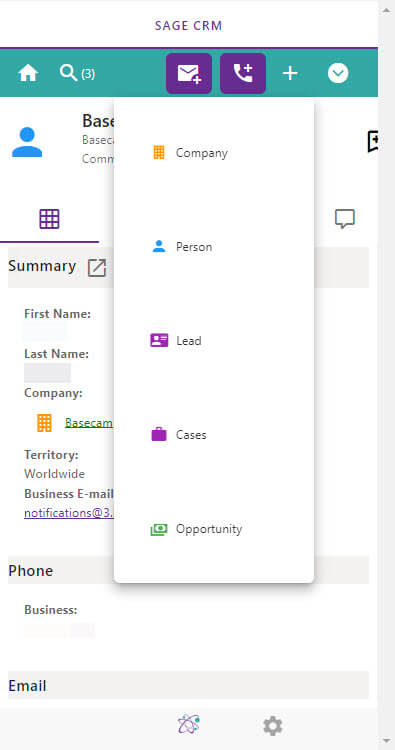 Create New Sage CRM Record from Outlook