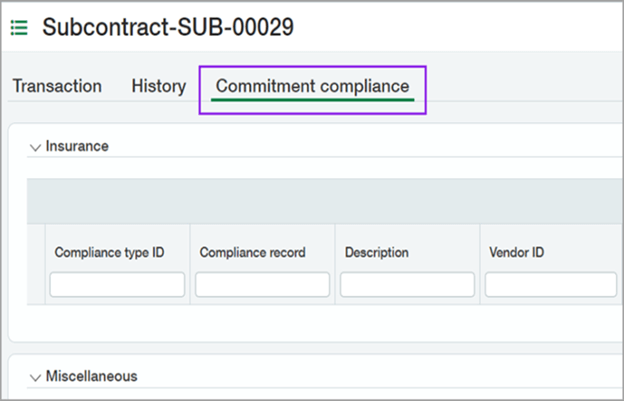Intacct Subcontractor Compliance Screen