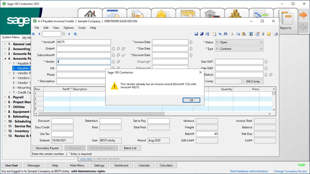 Sage 100 Contractor 2021 Payables Screen