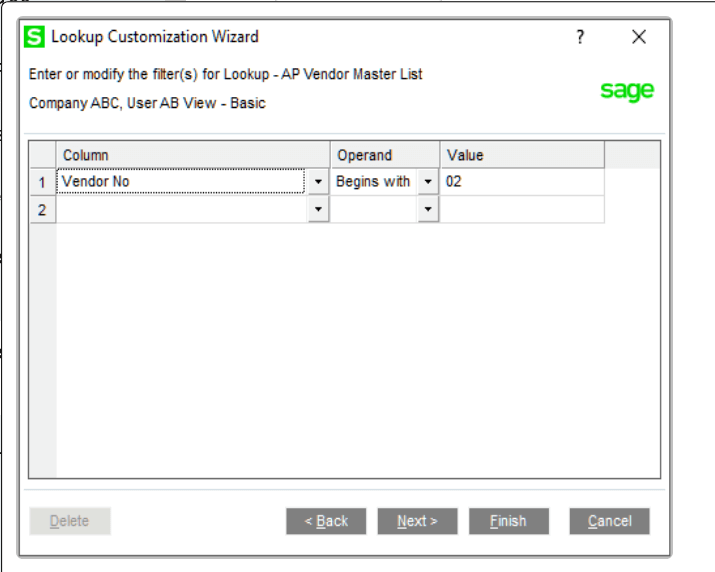 Sage 100 Field Filter Options
