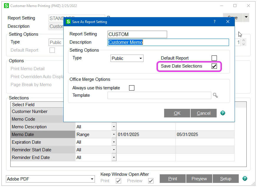 Save Report Settings in Sage 100
